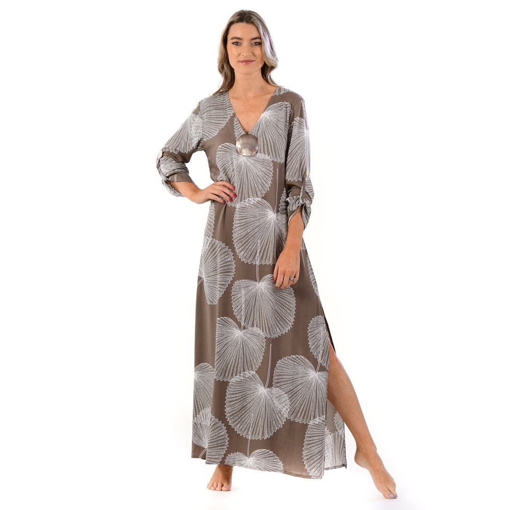 Walker & Wade Seychelles Kaftan Mocha Palm Shell Maxi Dress XS NWT